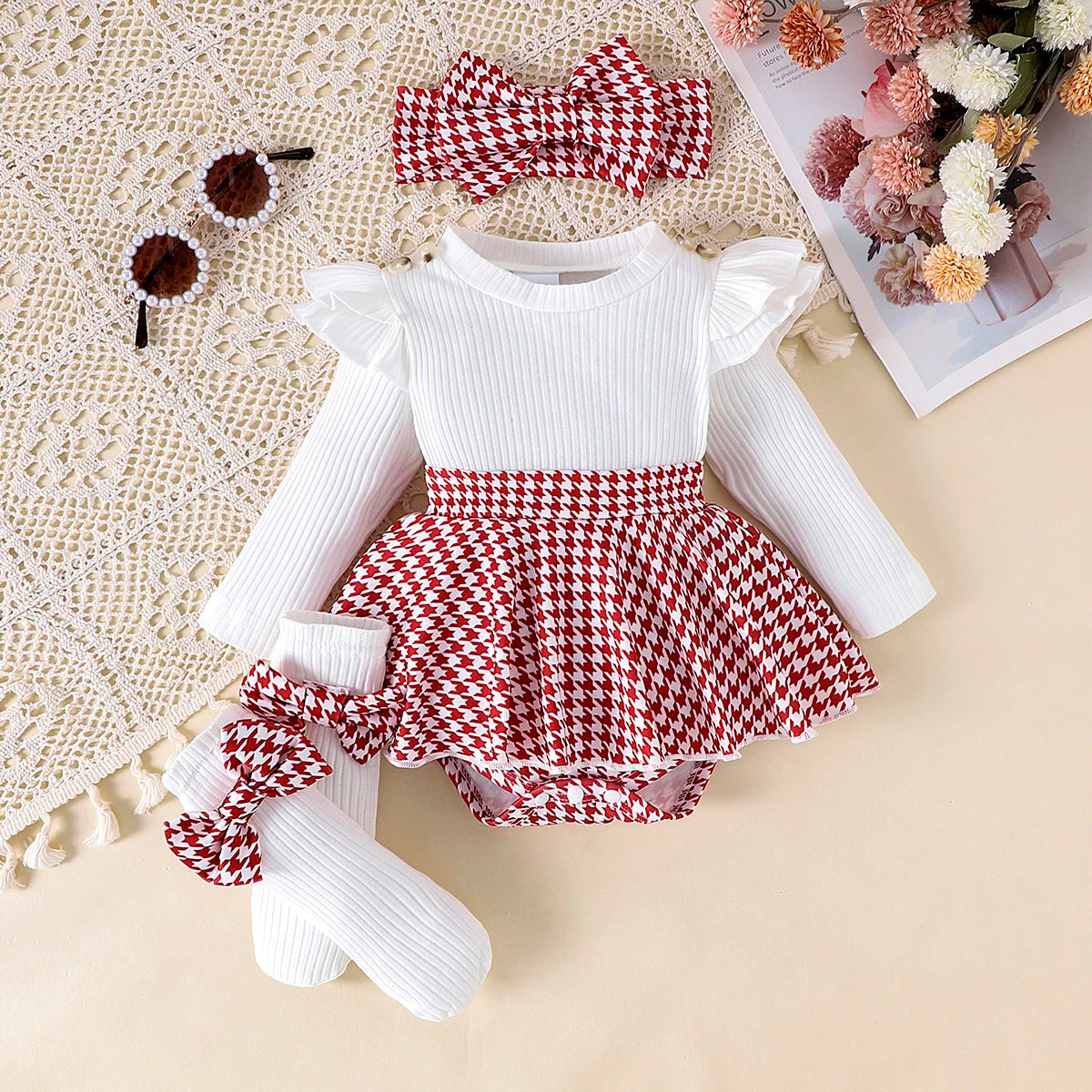 Baby Girl Autumn Outfit ā Black Top + Houndstooth Skirt with Hair Band