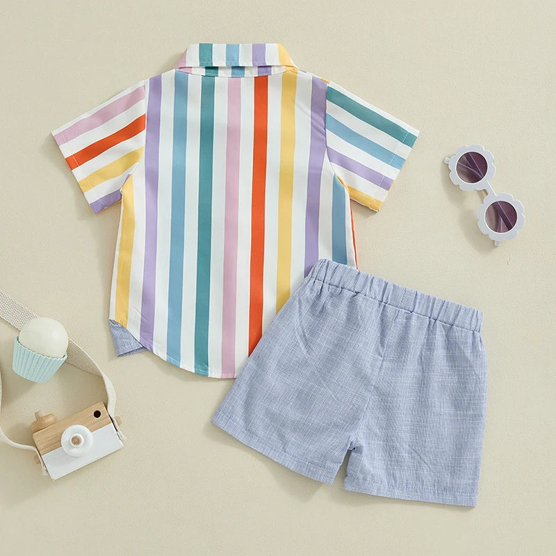 Baby Boys Casual Summer Set – Striped Short Sleeve Shirt & Elastic Waist Shorts