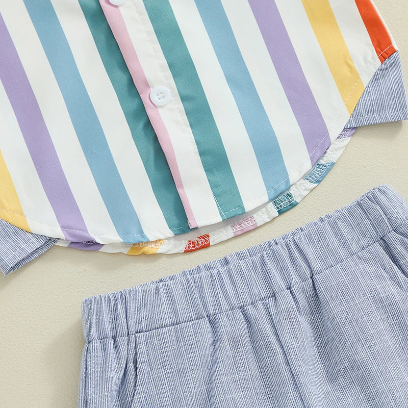 Baby Boys Casual Summer Set – Striped Short Sleeve Shirt & Elastic Waist Shorts