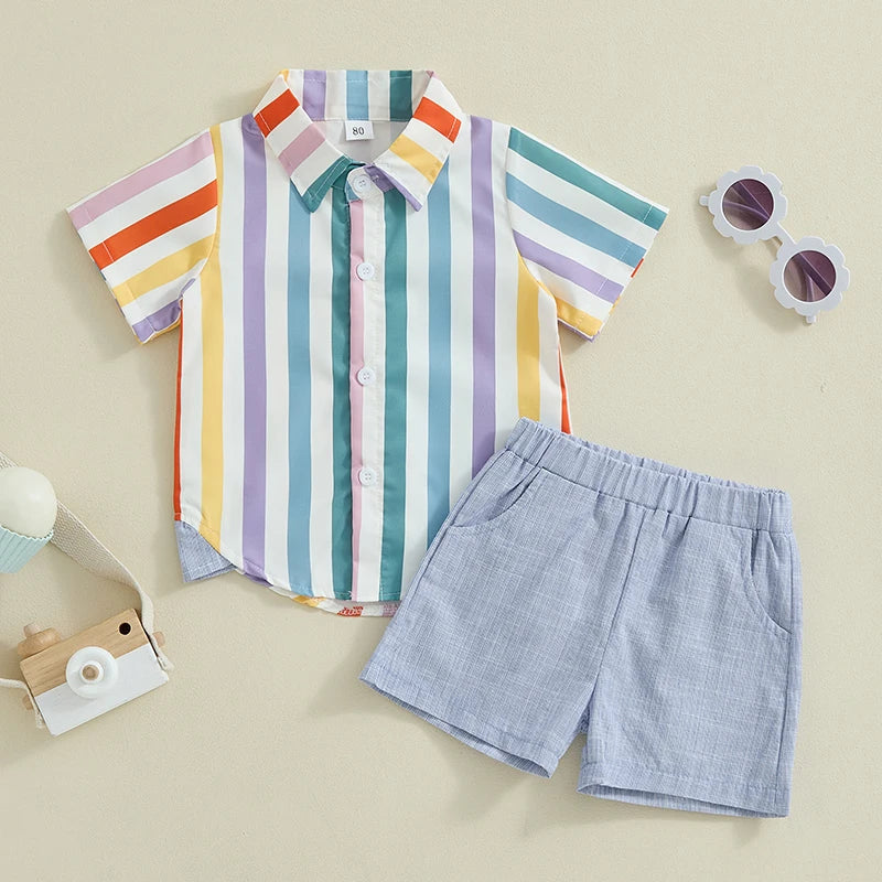 Baby Boys Casual Summer Set – Striped Short Sleeve Shirt & Elastic Waist Shorts