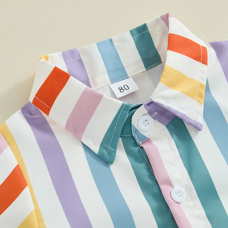 Baby Boys Casual Summer Set – Striped Short Sleeve Shirt & Elastic Waist Shorts