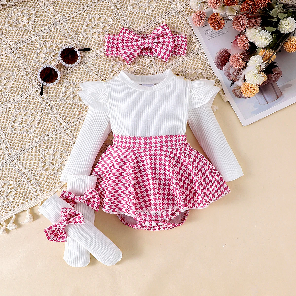 Baby Girl Autumn Outfit ā Black Top + Houndstooth Skirt with Hair Band