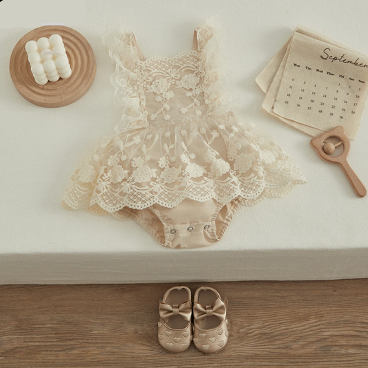 Baby Girl Princess Lace Romper with Layered Skirt & Snap Bottom