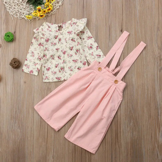 Baby Girl Pink Overall 2pcs Flowers Set