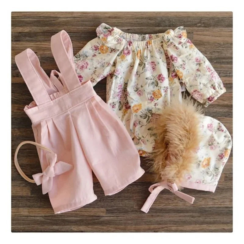 Baby Girl Pink Overall 2pcs Flowers Set