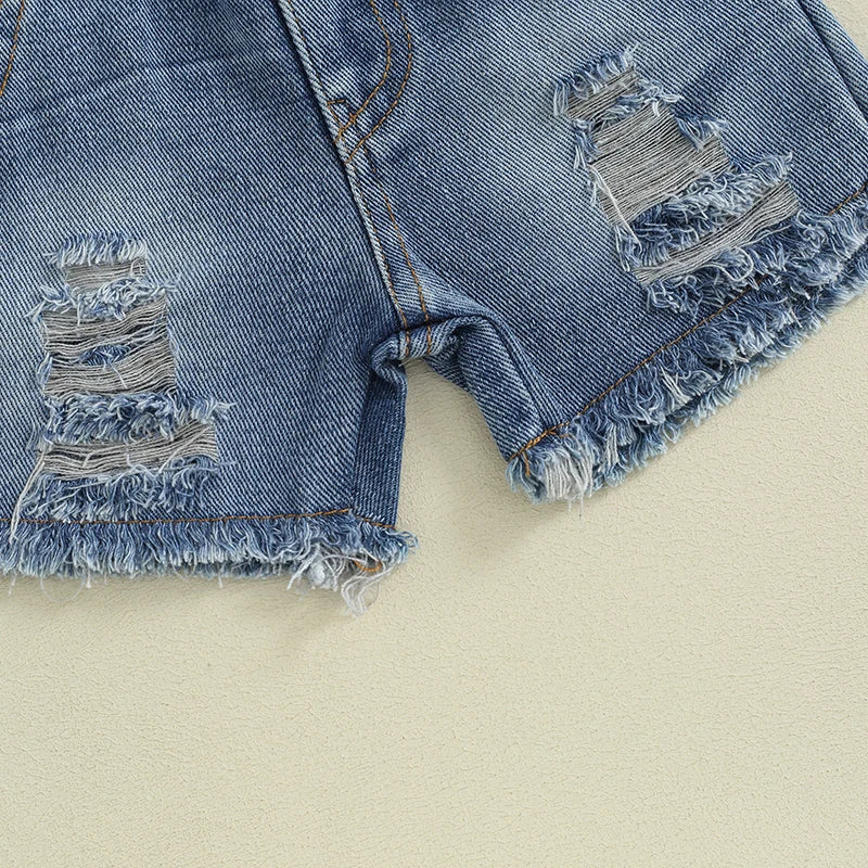 Girls Tops with Ripped Denim Shorts