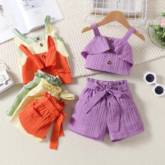 Baby Girls Outfit Ruffled Button and Top + Belted Shorts