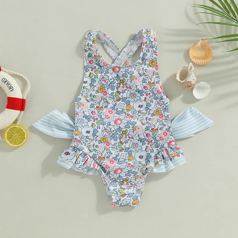 Baby Girl Floral Print with Ruffles & Cross-Back Bow Swimsuit