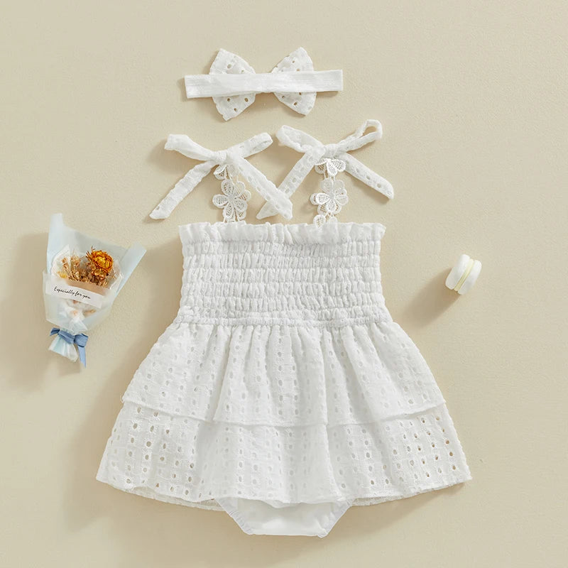 Baby Girls Romper Dress Bowknot Tie-Up Straps with Headband