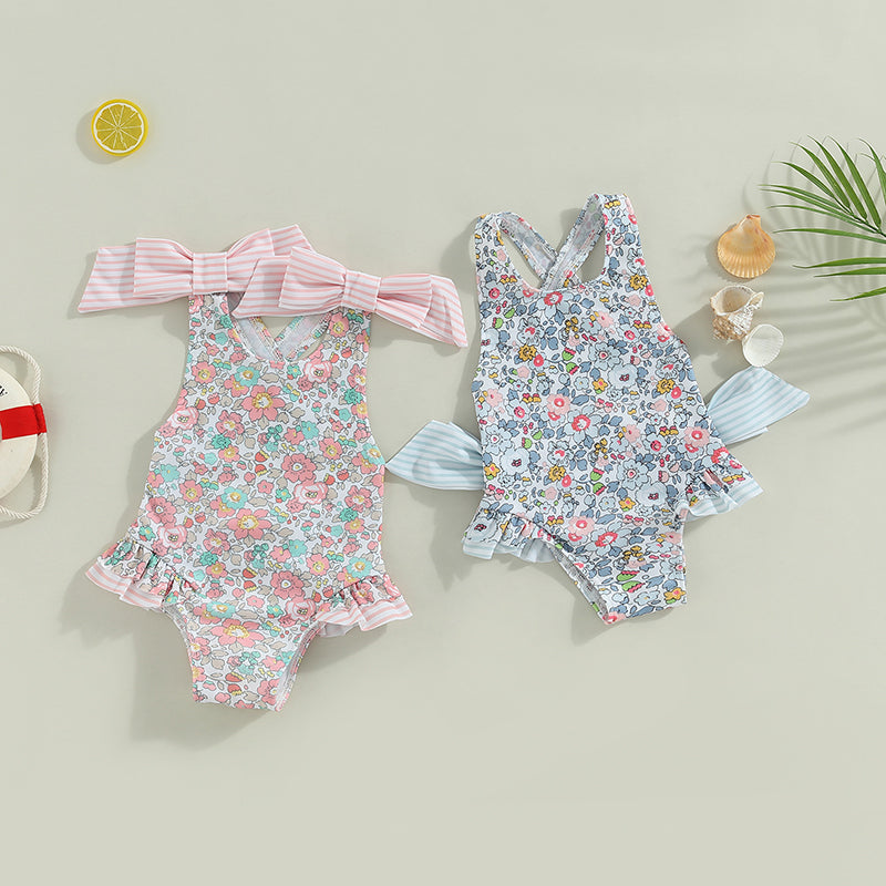 Baby Girl Floral Print with Ruffles & Cross-Back Bow Swimsuit