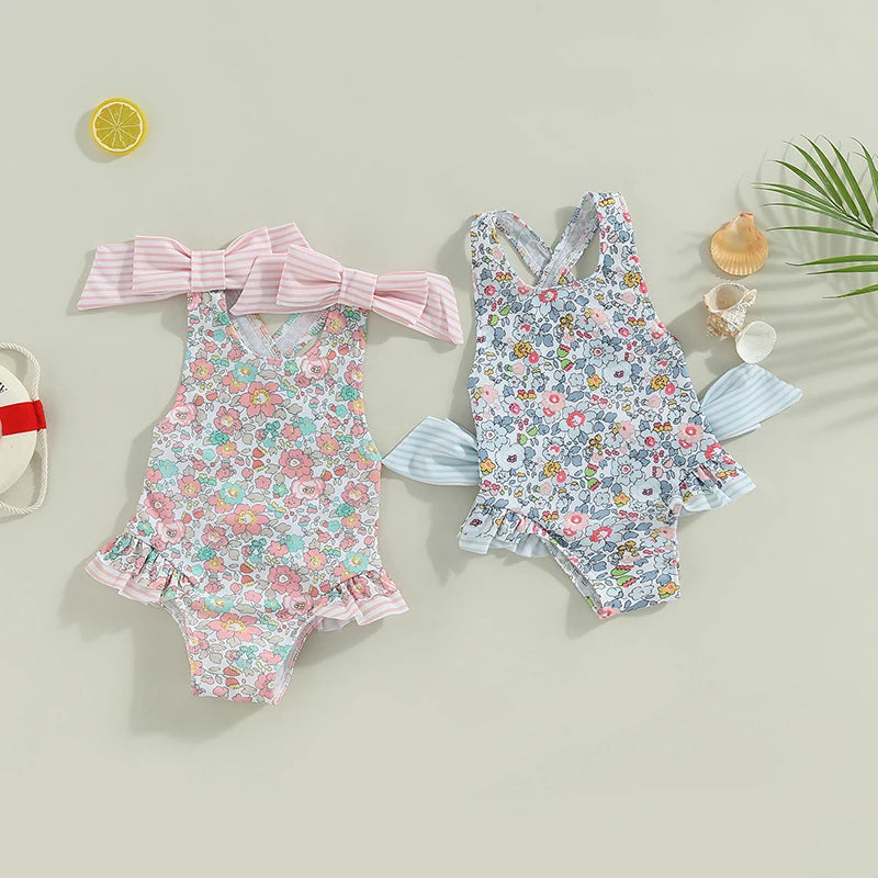 Baby Girl Floral Print with Ruffles & Cross-Back Bow Swimsuit