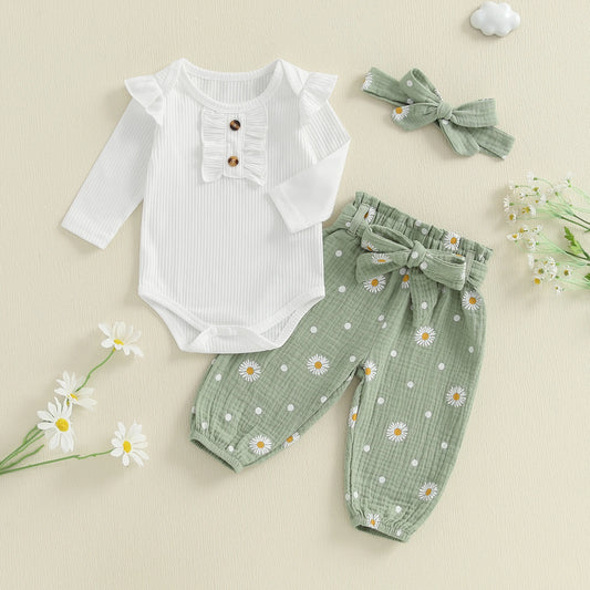Ruffled Long Sleeve Romper + Daisy Print Pants + Bow Headband + Belt