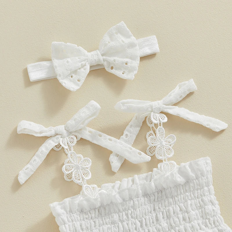 Baby Girls Romper Dress Bowknot Tie-Up Straps with Headband