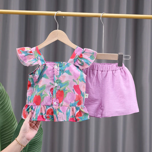 Baby Girls Summer 2-Piece Set Ruffle Floral Top & Shorts