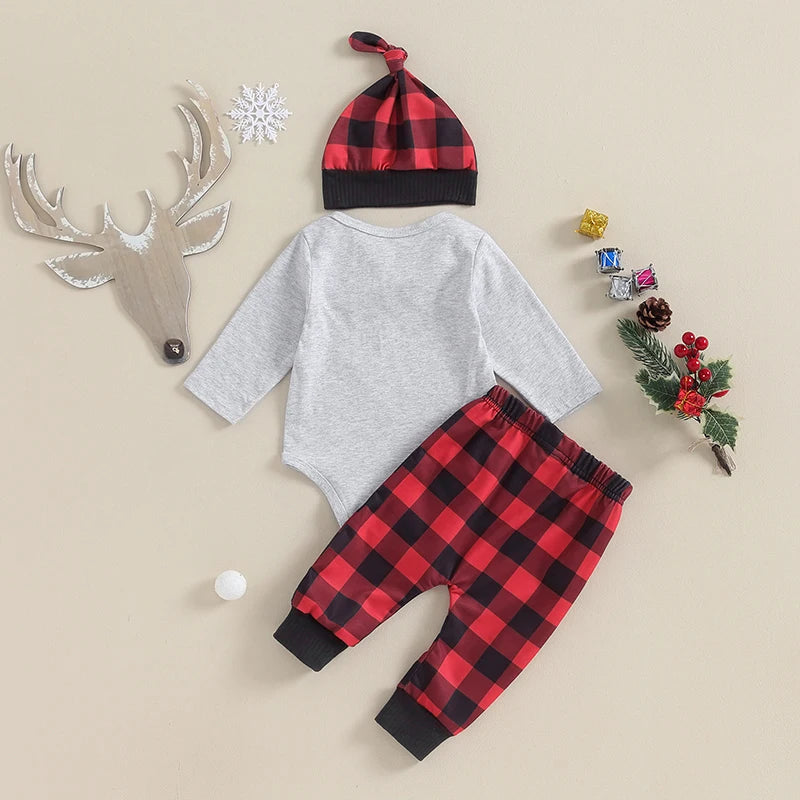 Baby Boy Christmas 3pcs Sets Plaid Pants and Hat