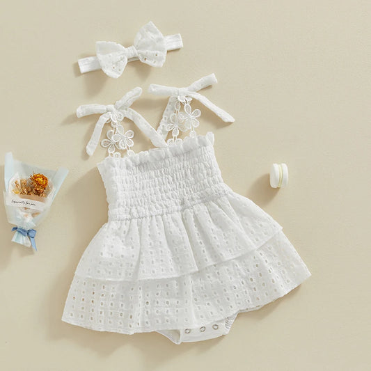 Baby Girls Romper Dress Bowknot Tie-Up Straps with Headband