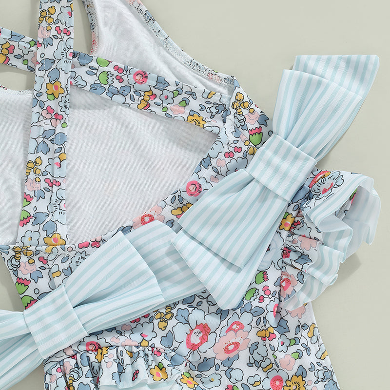 Baby Girl Floral Print with Ruffles & Cross-Back Bow Swimsuit