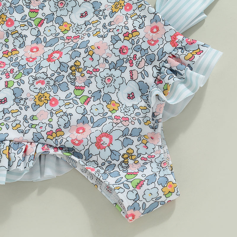 Baby Girl Floral Print with Ruffles & Cross-Back Bow Swimsuit