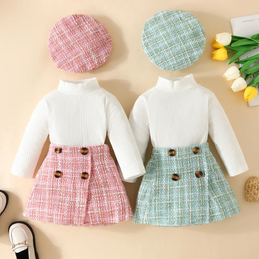 Baby Girls Clothes Sets Tops and Plaid Skirt with Beret