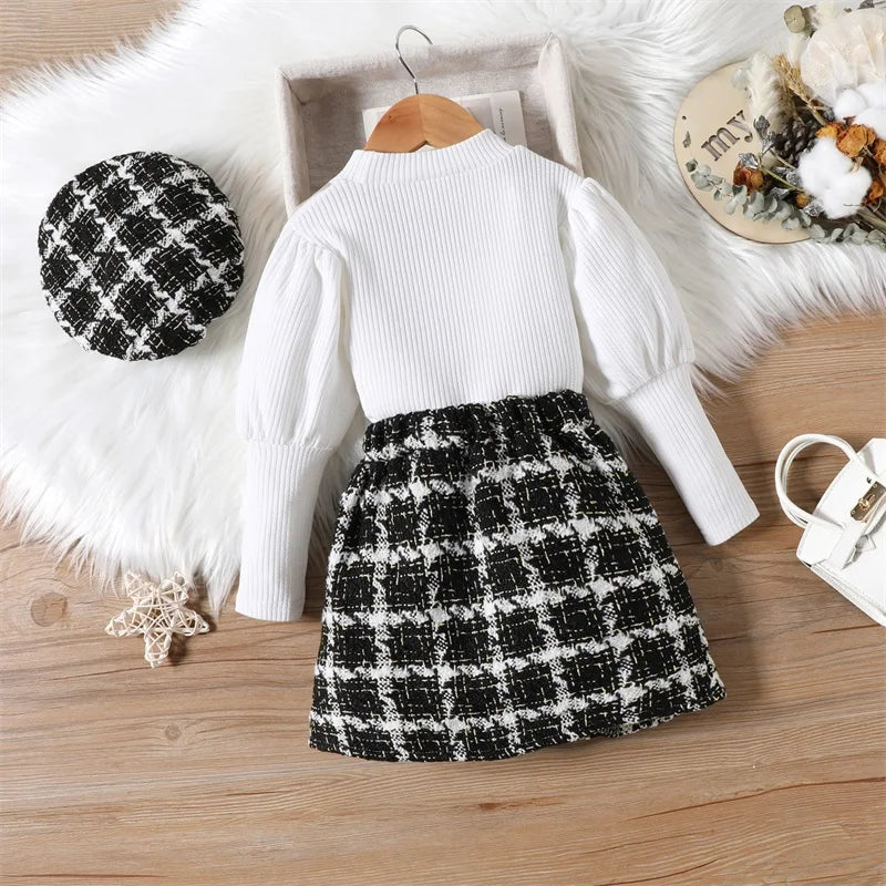 3pcs Long Sleeve Shirts with Skirts and Beret