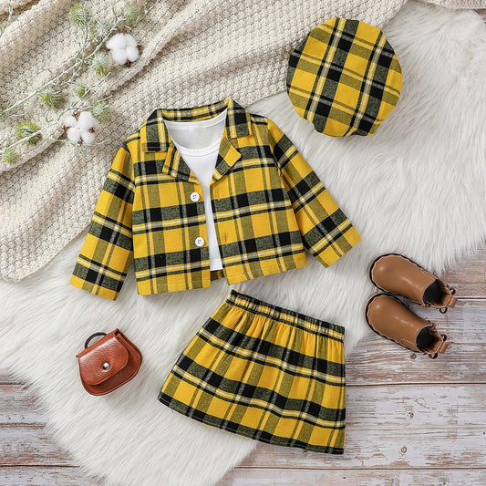 3Pcs Baby Girls Plaid Outfit – Shirt, Skirt & Hat Set