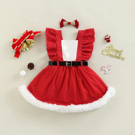 Baby Girls Christmas Red Dress with Belt and Hairpin