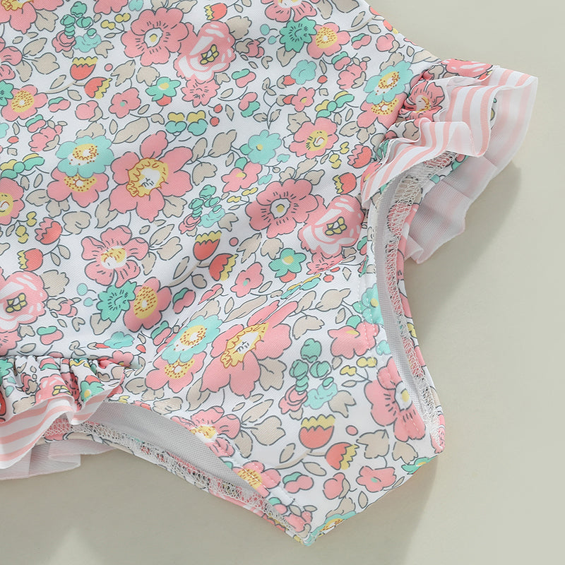 Baby Girl Floral Print with Ruffles & Cross-Back Bow Swimsuit