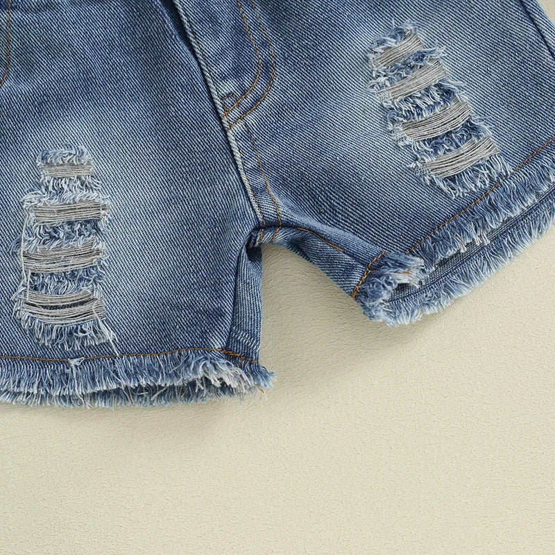 Girls Tops with Ripped Denim Shorts