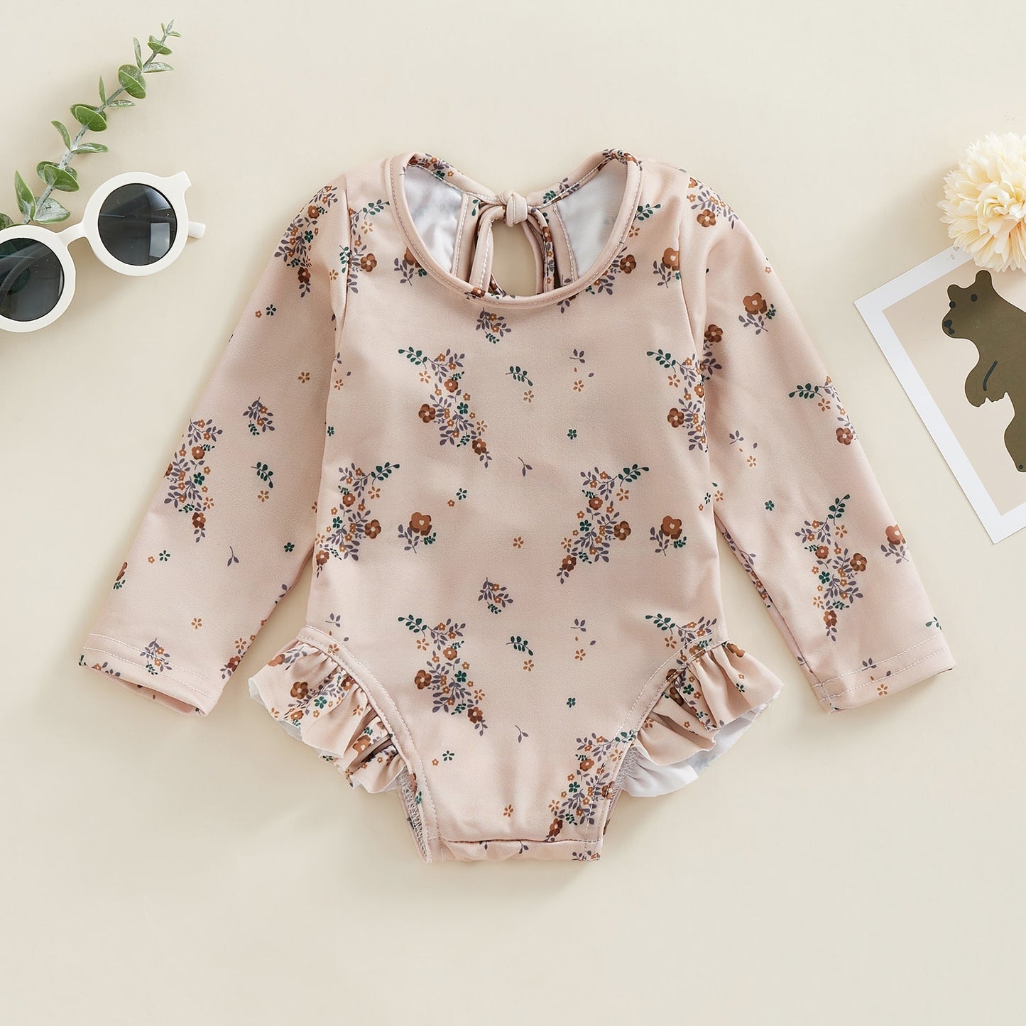 Swimwear Floral Print Backless Ruffles Long Sleeve