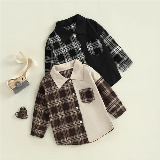 Boys Casual Autumn Plaid Patchwork Shirt