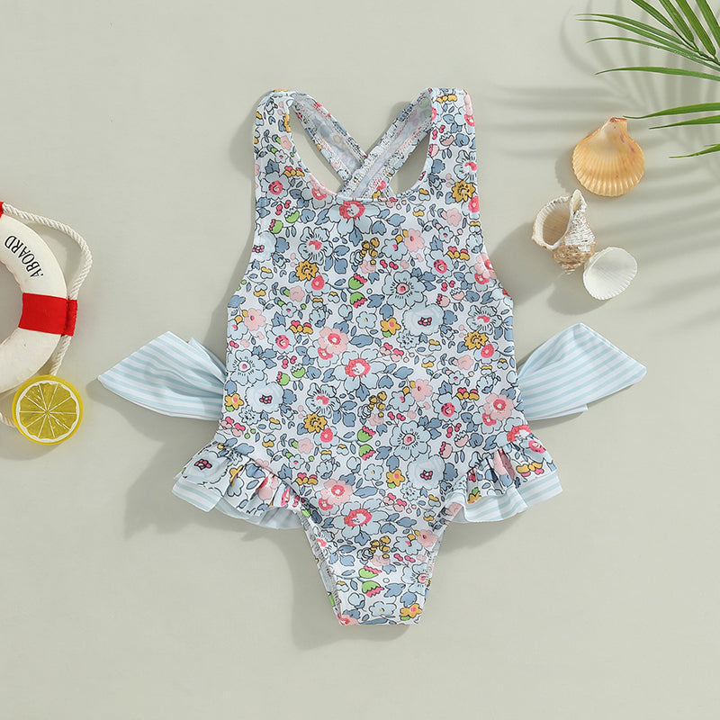 Baby Girl Floral Print with Ruffles & Cross-Back Bow Swimsuit