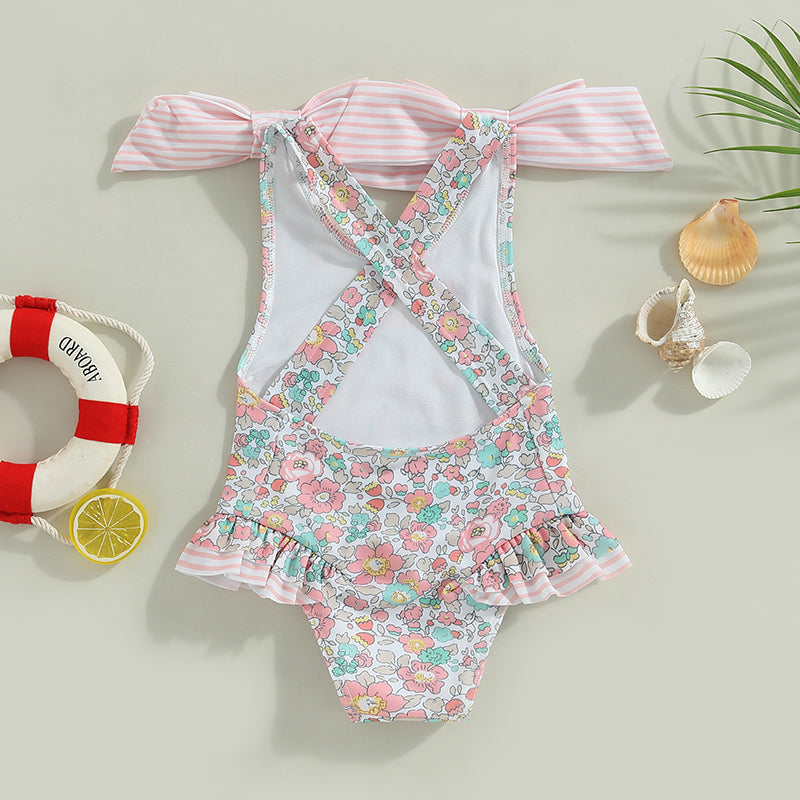 Baby Girl Floral Print with Ruffles & Cross-Back Bow Swimsuit