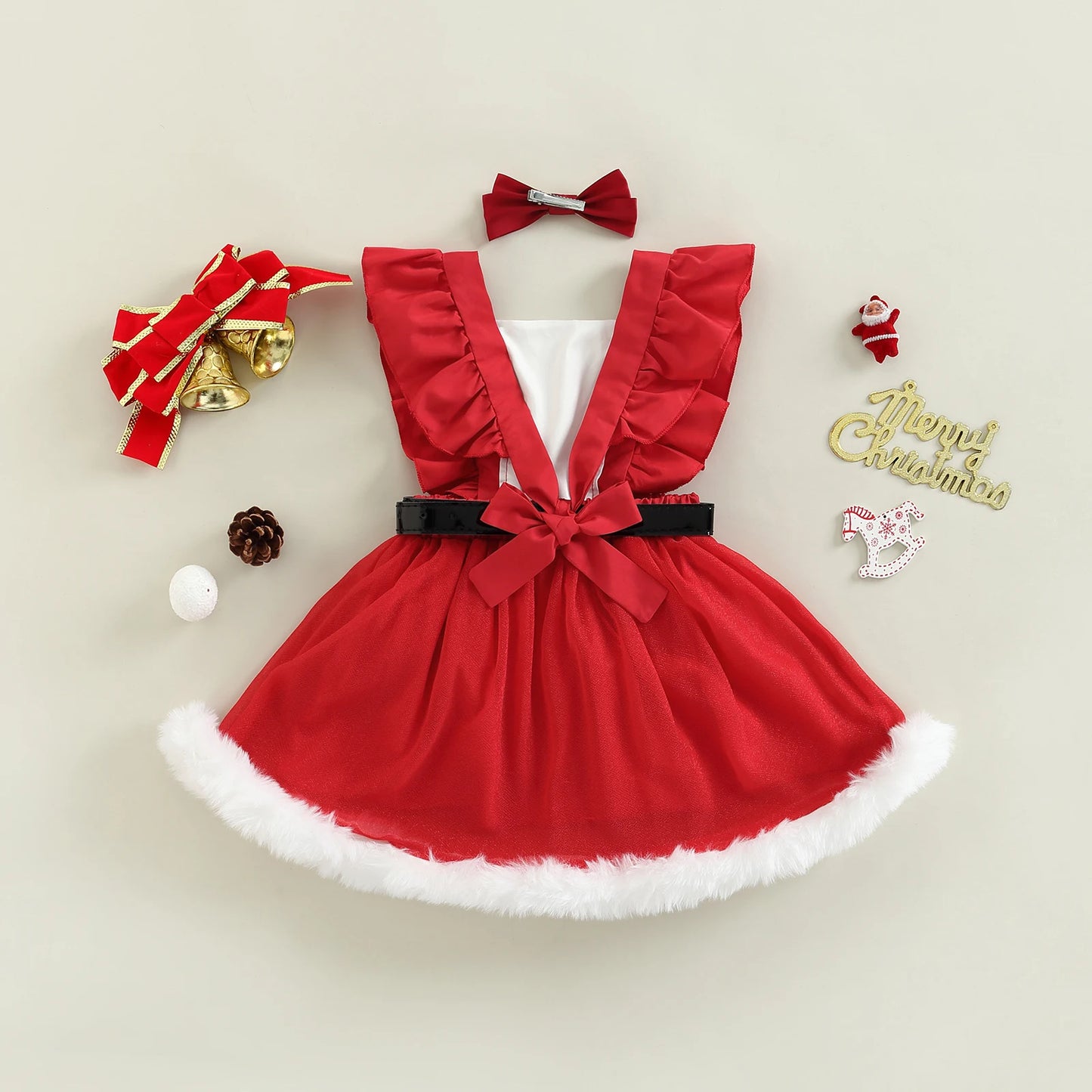 Baby Girls Christmas Red Dress with Belt and Hairpin