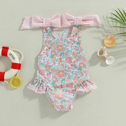 Baby Girl Floral Print with Ruffles & Cross-Back Bow Swimsuit