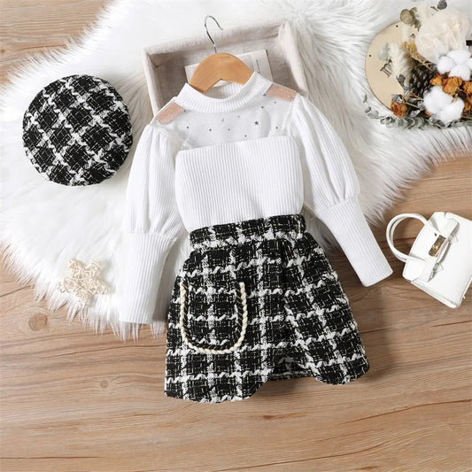 3pcs Long Sleeve Shirts with Skirts and Beret