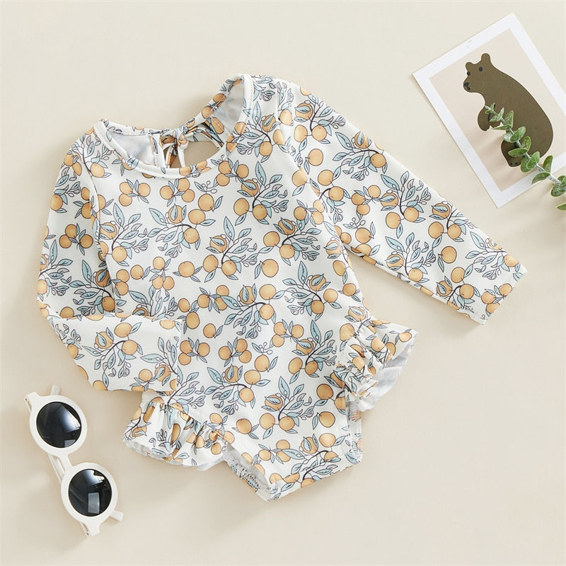 Swimwear Floral Print Backless Ruffles Long Sleeve