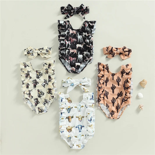 Baby Girls One- Piece Swimwear Ruffle Sleeves with Headband