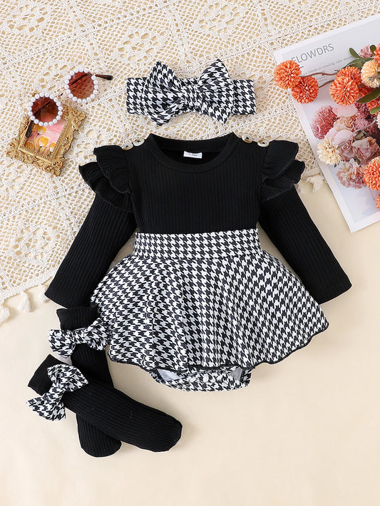 Baby Girl Autumn Outfit – Black Top + Houndstooth Skirt with Hair Band