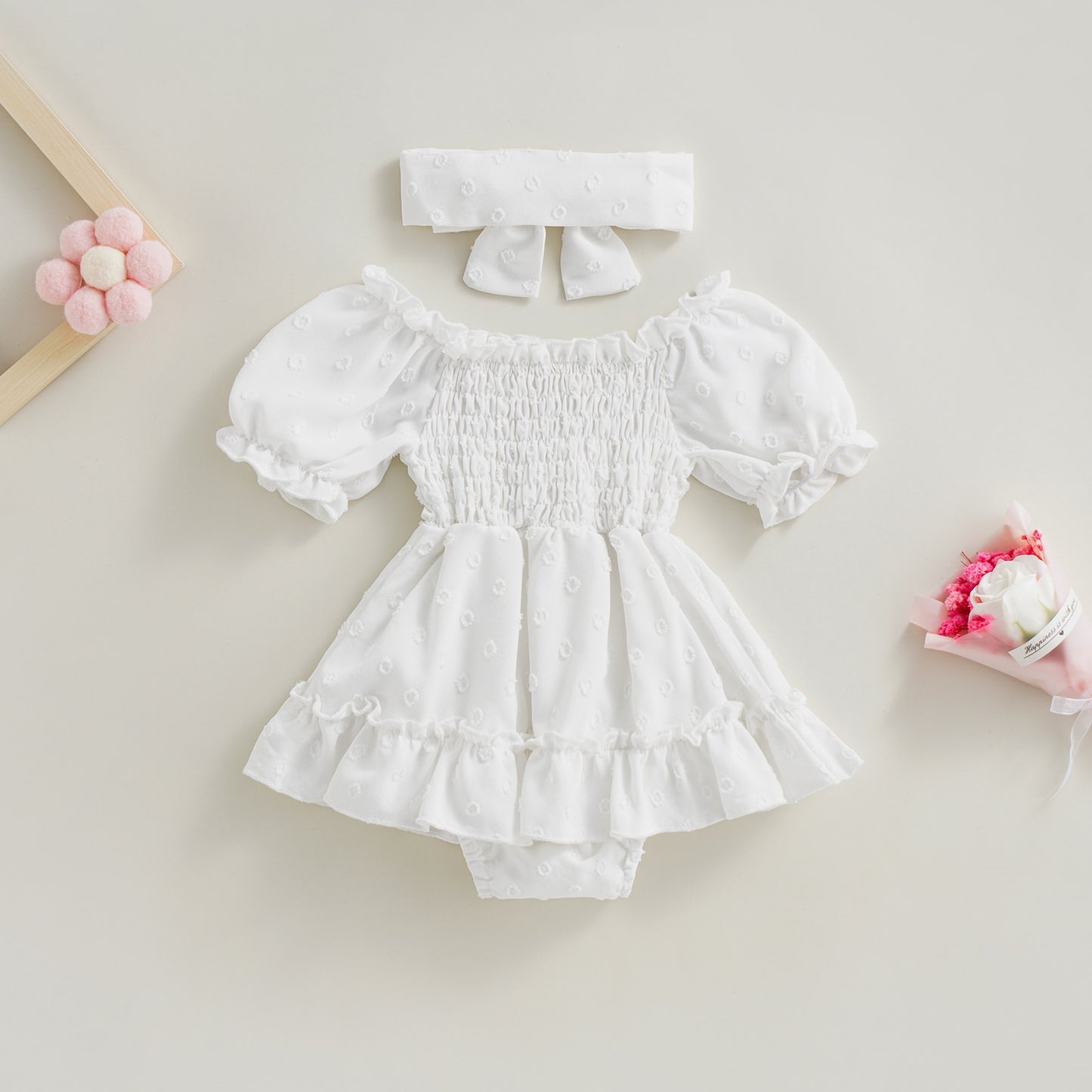 Cute Ruffle Jumpsuit +Bow Headband